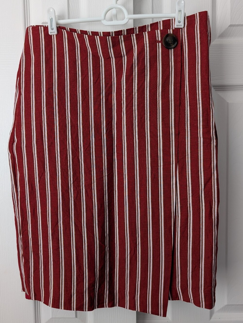 Ann Taylor Linen Rust Red Striped Pencil Midi Skirt Asymmetric size 8 office